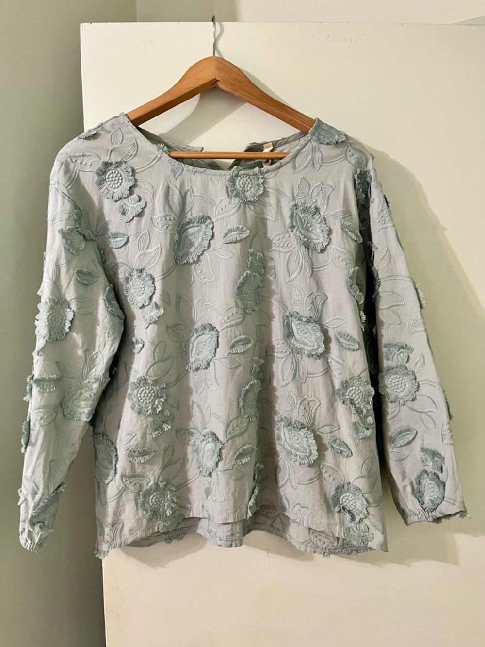 Floral Embroidered 💯 Cotton Textured Long Sleeve Top - Light Blue